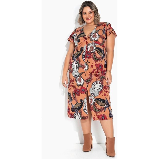 Vestido Com Torção Plus Size Lenço Marrom Marguerite
