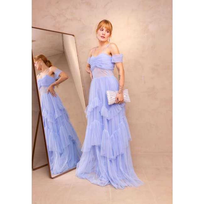 Vestido Longo de Festa Madrinhas Corselete Ombro à Ombro Saia em Camadas Elegante Luxynne Azul Serenity