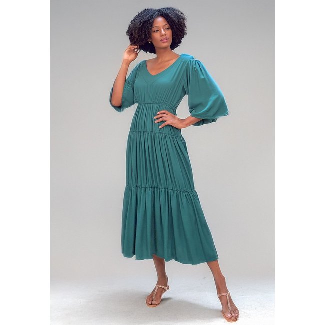Vestido Longo Cabanafree Plano com manga Verde Musgo
