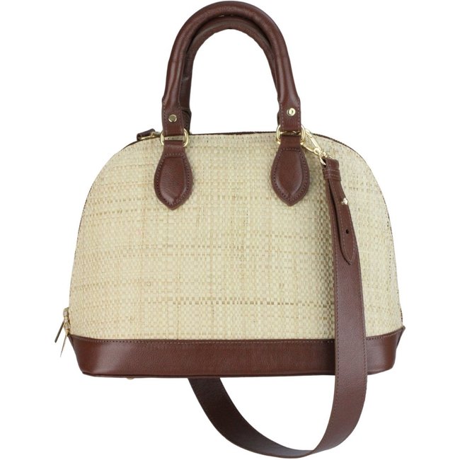 Bolsa Nua Duza Couro e Palha Natural Marrom