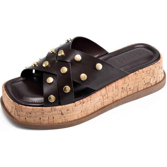 Sandália Feminina Lumiss Flatform Tachas Rebite Dourado Cortiça Confortável Marrom