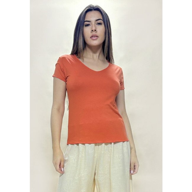 Blusa Básica Morcego Malha Gola Canoa Manga Curta Laranja