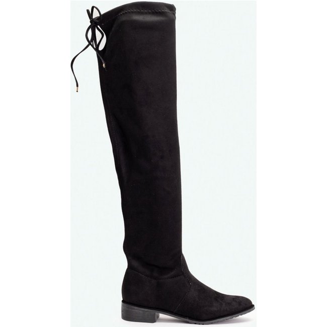 Bota Over The Knee Cano Alto Ponta Fina com Zíper Camurça Preto