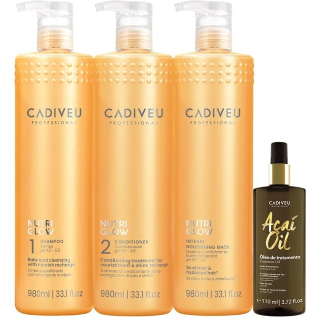 Kit Cadiveu Professional Nutri Glow Shampoo Condicionador Máscara G e Açaí Oil 110 (4 produtos)