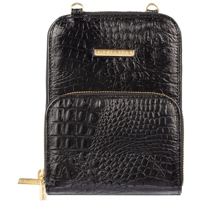 Carteira Andrea Vinci Com Alça De Couro Croco Ingrid 18,5x13,5cm - Preto