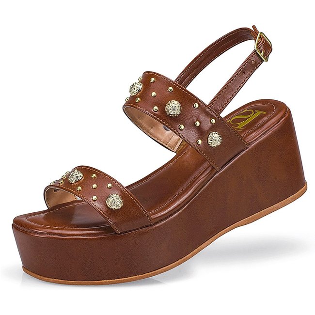 Sandália Feminina Tira Anabela Flatform Fivela Spike Ilhós Estilosa 420 Caramelo