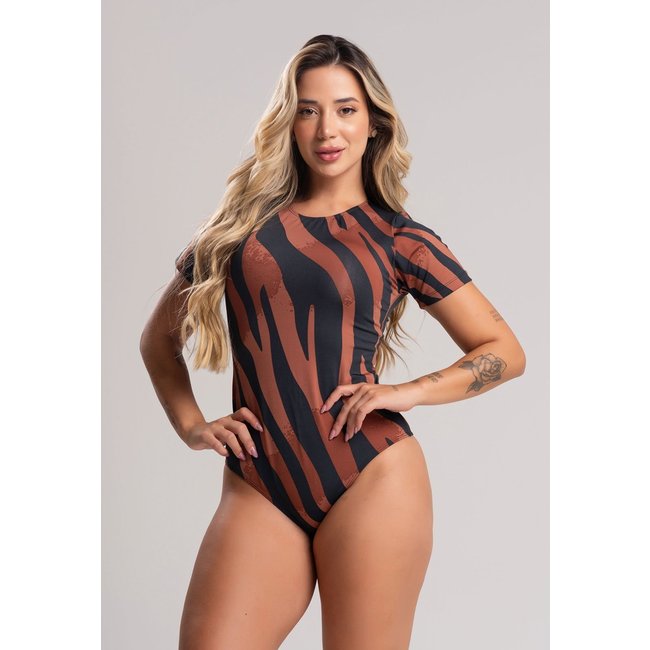 Body MVB Modas Manga Curta Collant Liso Safari