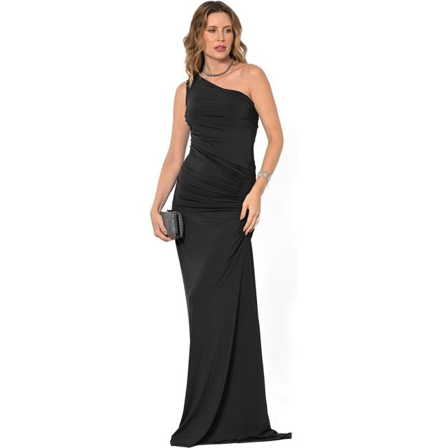 Vestido Bisô Jersey Longo Drapeado Preto - Preto