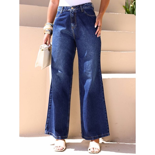 Calça Jeans Pantalona Feminina Azul Escuro