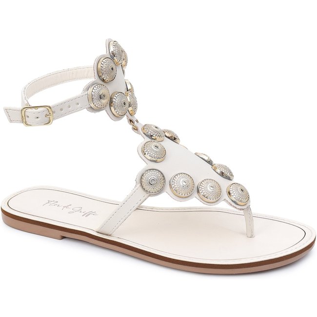 Sandália Rasteira Medalha Off White Flor de Griffe Com Aplicação Abs Flat Moderna Confortável Elegante