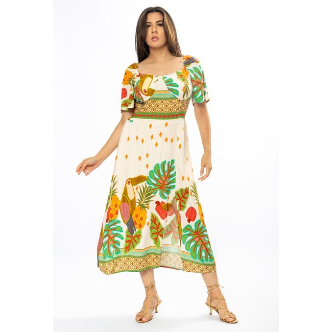 Vestido Midi Amazônia Vital com Manga Estampa Tucano Colorido