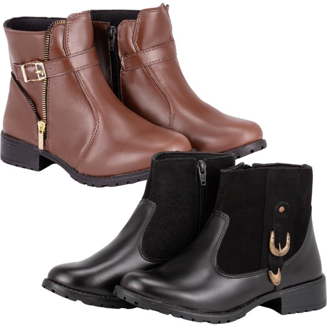Kit 2 Pares De Bota Cano Curto Feminina Salto Quadrado Mr Try Shoes Coturno Bico Redondo Zíper Lateral Preto