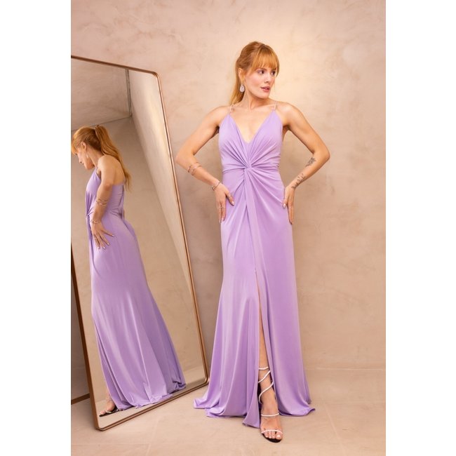 Vestido Longo de Festa Fluity Decote em V Nó Frontal Alcinhas Strass Fefy Lilás