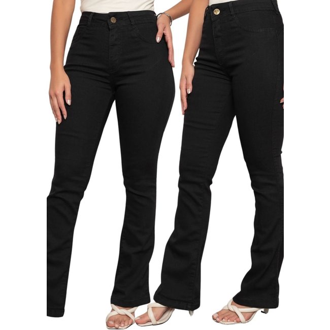 KIT 2 Calça Feminina Flare Mys Jeans Confortável e Estiloso Cintura Alta Preto