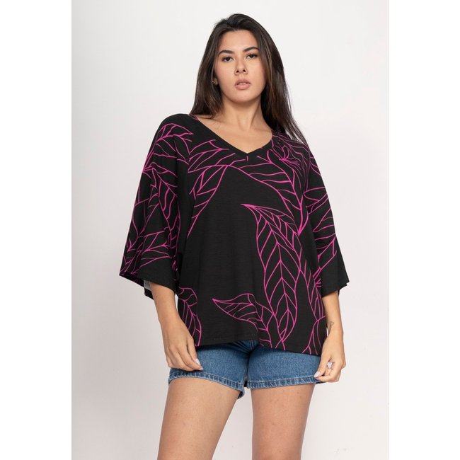 Blusa CabanaFree Ampla Morcego Guyrá Manga 3/4 Malha Antúrios Lilás