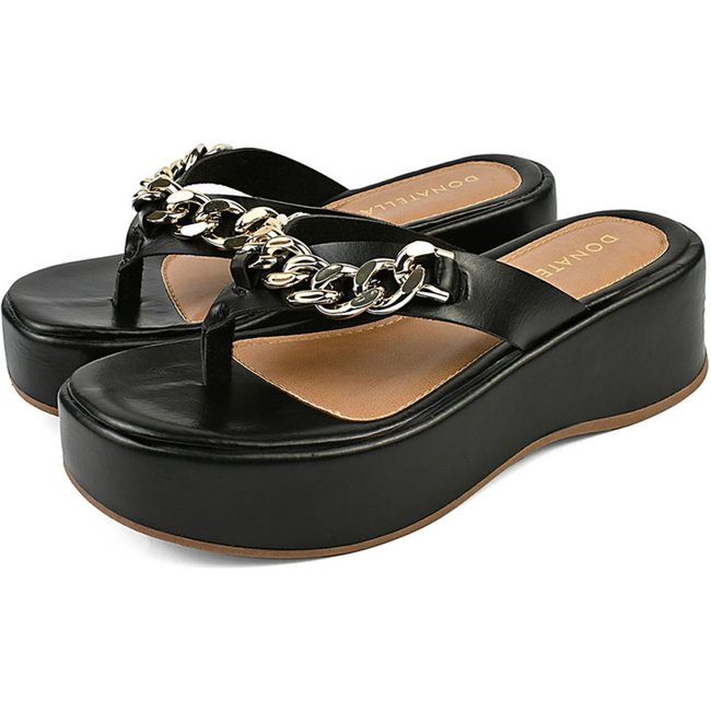 Sandalia Feminina Plataforma Anabela Donatella Shoes Chinelo de Dedo Corrente Sola Alta Preto