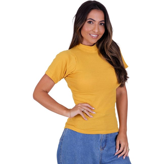Blusa Canelada Manga Curta Amarela St Madame