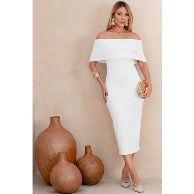 Vestido Ayla Midi Ombro a Ombro C/Ziper Lateral Branco
