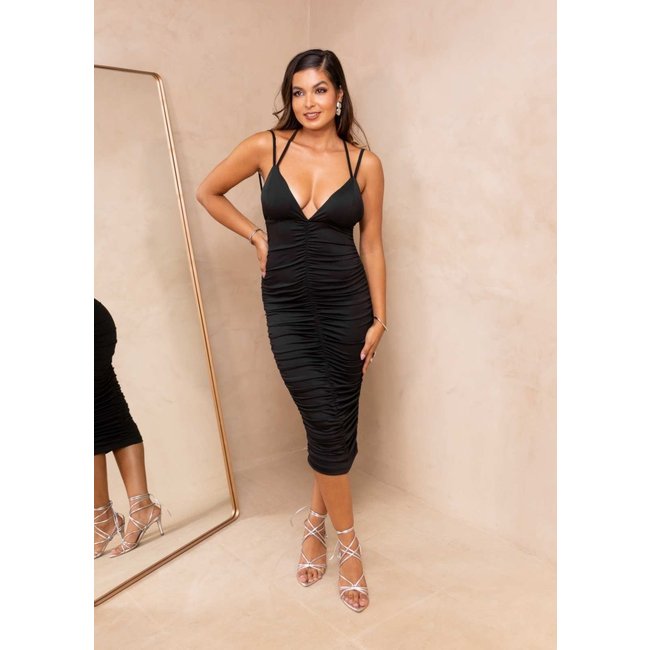 Vestido Tubinho Midi Grapeado Decote em V Yinira Preto