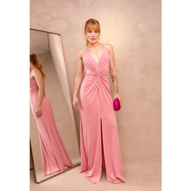 Vestido Longo de Festa Fluity Decote em V Nó Frontal Alcinhas Strass Fefy Rosé