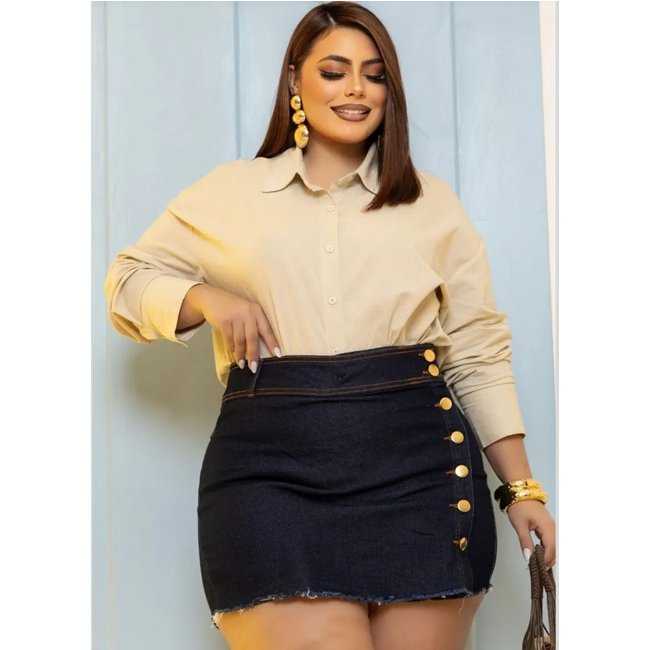 Short Saia Donna De Paula Azul Escuro Plus Size Feminino Jeans Com Elastano Cintura Alta Fechamento Em Botões