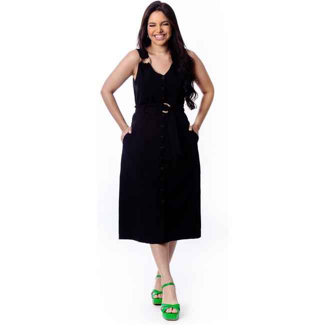 Vestido Midi Restrito Jeans Com Cinto e Argola - PRETO