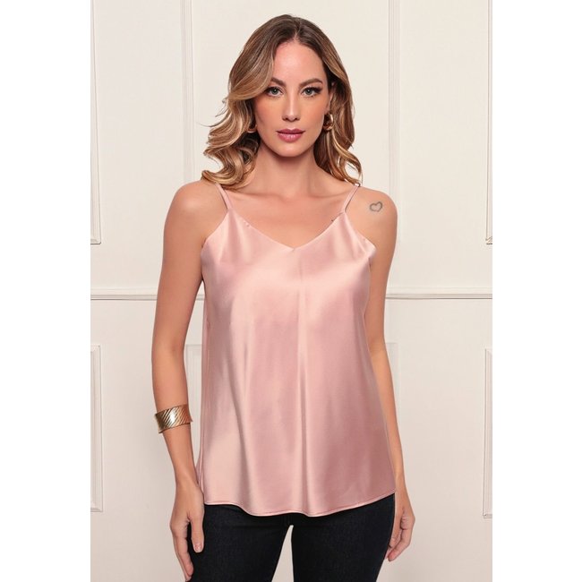 Camiseta Regata Blusinha Feminina em Cetim Decote V Alcinha Regulagem e Costas Nuas Linha Premium Rosa