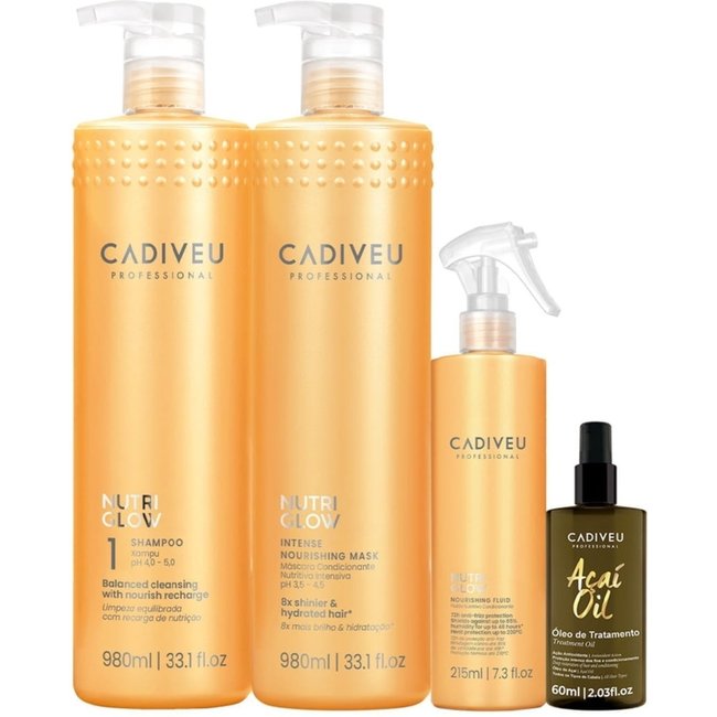Kit Cadiveu Professional Nutri Glow Shampoo Máscara Fluído G e Açaí Oil 60 (4 produtos)