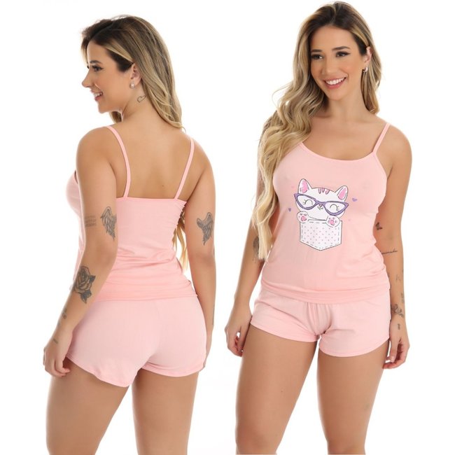 Pijama Curto Baby Doll Rosê Gatinho