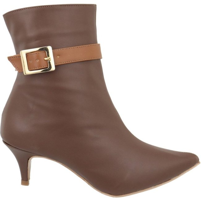 Bota Feminina Bico Fino Cano Curto Salto Baixo Fino Fivela 180127 Cacau com Tira Caramelo
