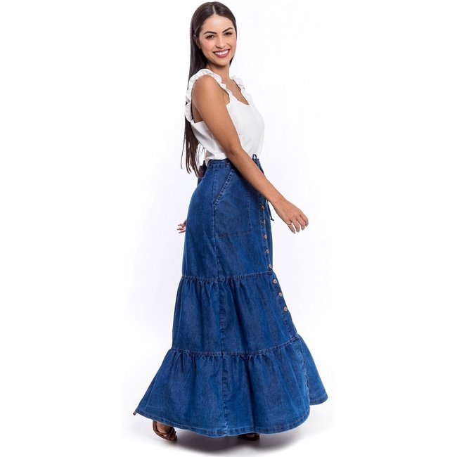 Saia Longa Restrito Jeans 3 Marias Com Botões - AZUL ESCURO