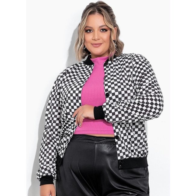 Jaqueta Com Botões Plus Size Xadrez Preto Marguerite