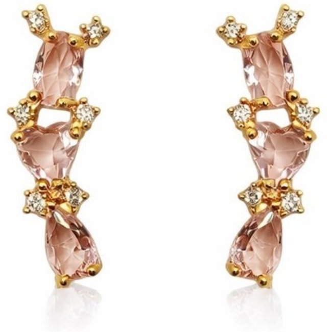 Brinco Earcuff Zirconias Rosas Banhado a Ouro 18k