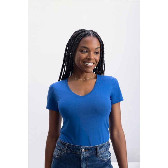 Blusa Gola V Feminina Em Malha Essendi Azul Médio Azul