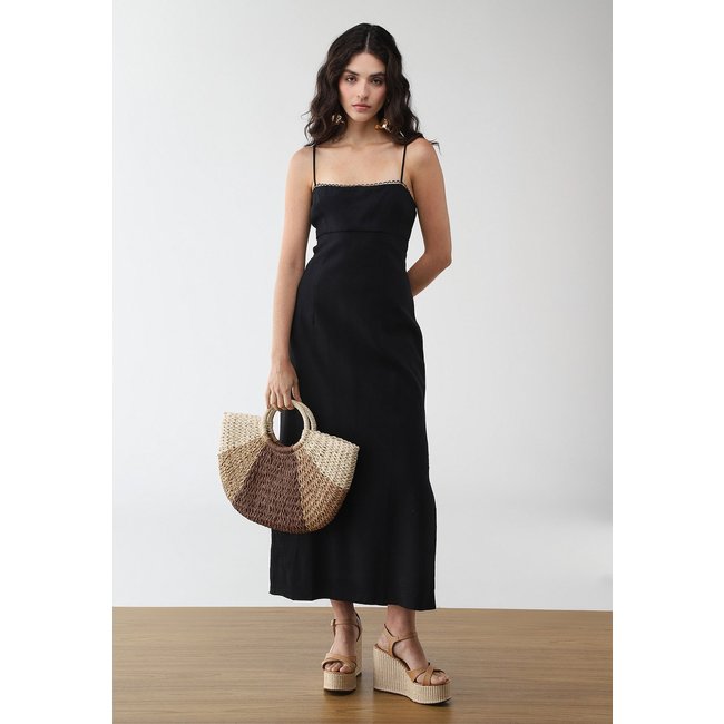 Vestido Feminino Farm Alças Finas Laço Costas Midi Preto