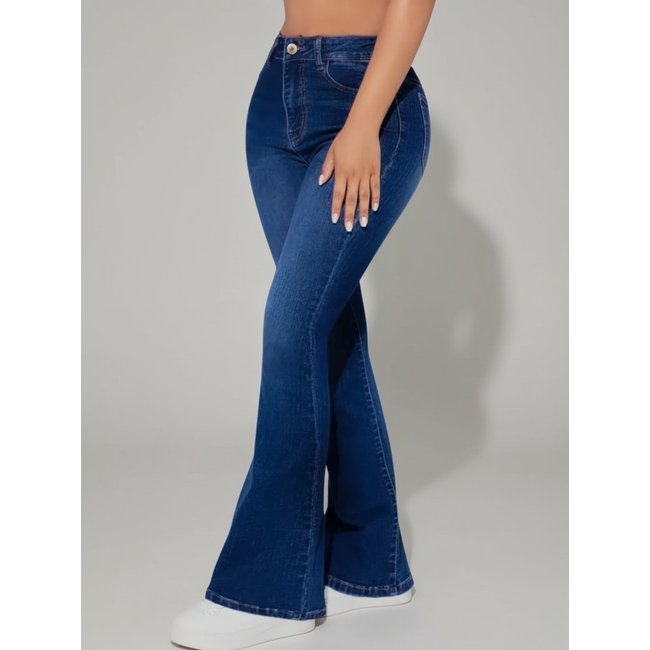 Calça Flare Jeans Feminina Text Jeans Boca de Sino Cintura Alta Modeladora Azul Escuro