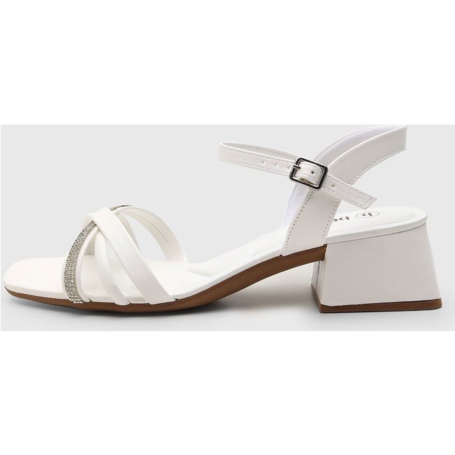 Sandália Feminina cê Tiras Pedrarias Salto Bloco Branca