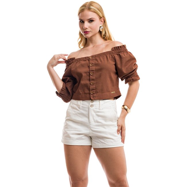 Cropped Restrito Jeans De Linho Com Lastex - MARROM