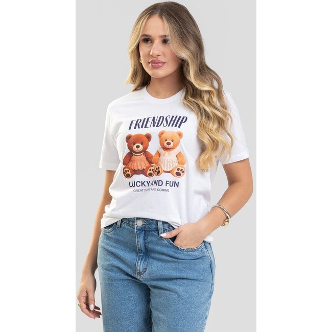 Camiseta Feminina Cianitas Branca Estampa Urso Friendship
