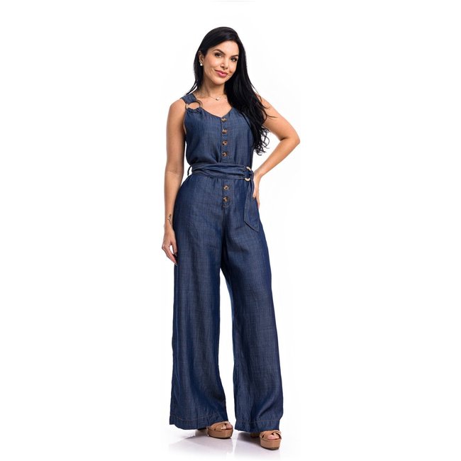 Macacão Restrito Jeans Pantalona Liocel Premium - AZUL ESCURO