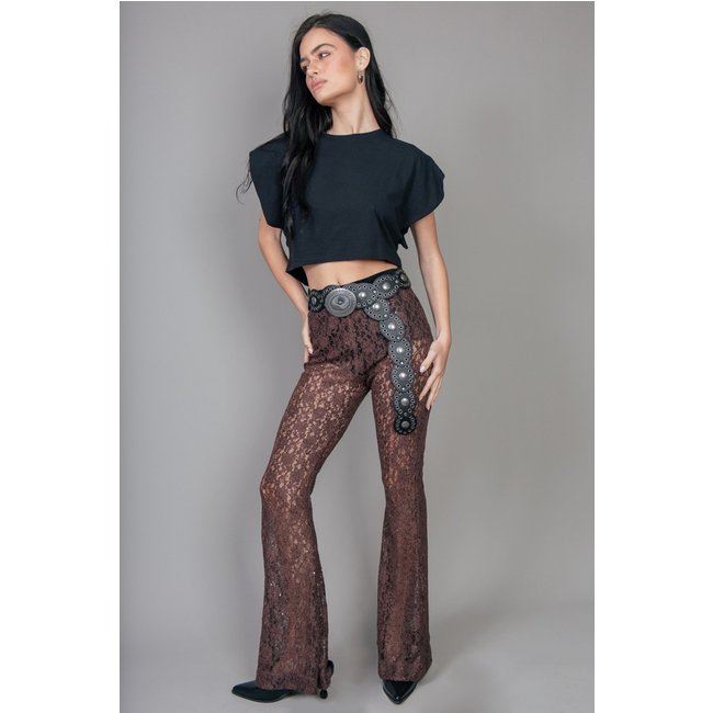 Calça De Renda Transparente Com Paetê Marrom marinaegabriella