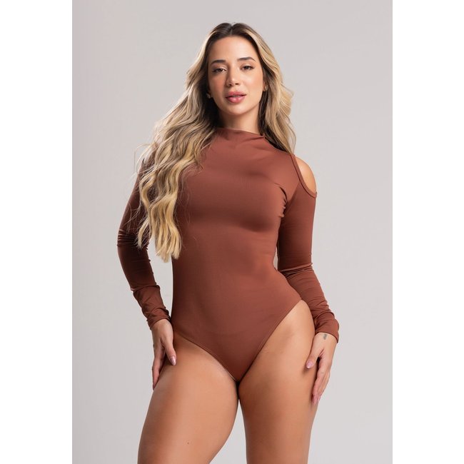 Body MVB Modas Manga Longa Gola Alta Ombro Marrom