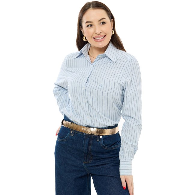 Camisa Social Feminina Olimpo com Poliéster Listrada Manga Longa Azul