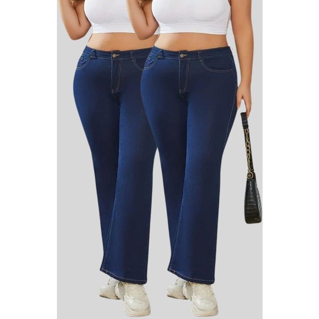 Kit 2 Calça Flare Plus Size Jeans Feminina Tex Jeans Boca de Sino Cintura Alta Modeladora com Elastano Azul Escuro