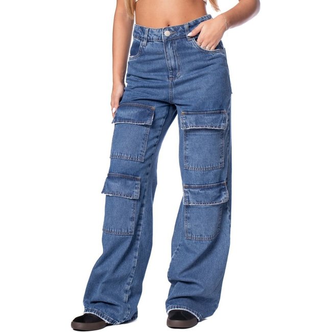 Calça Jeans Feminina Sawary Wide Leg Cargo Duplo Azul