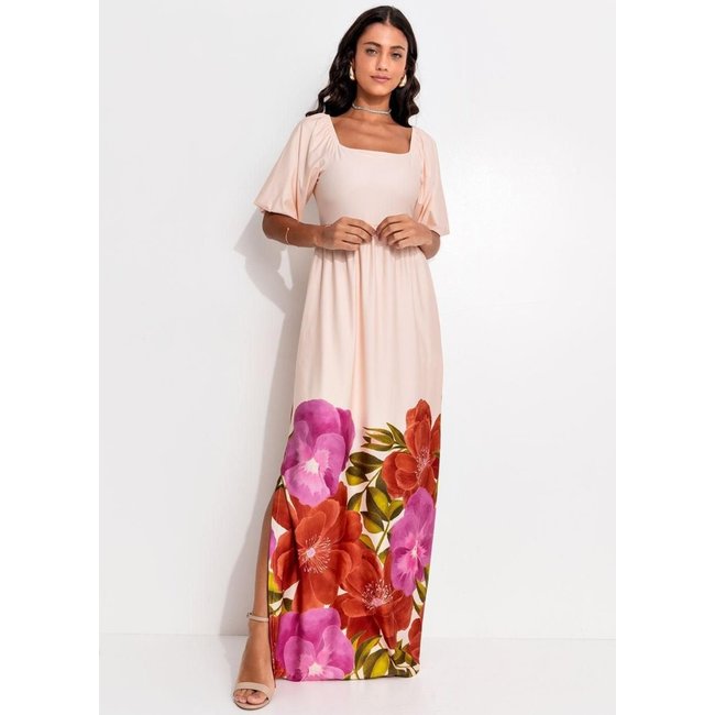 Vestido Malha Fria Floral Barrado Colorido Quintess