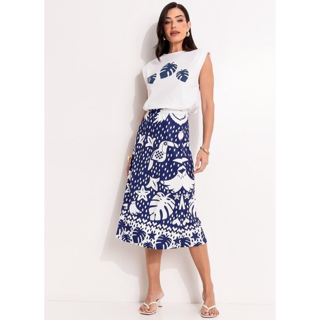 Blusa Em Malha De Algodão Penteado Quintess Folhagem Azul