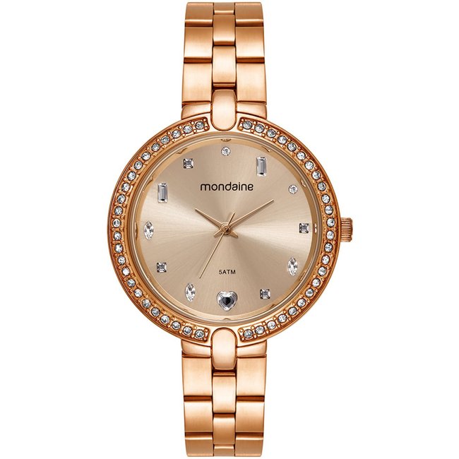Relógio Feminino Mondaine Rose Cristais Pulseira Aço Mondaine