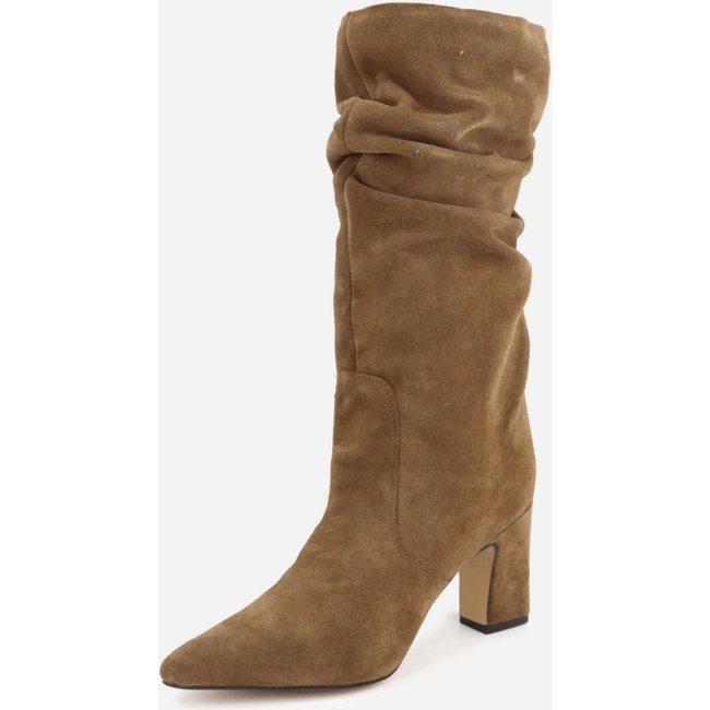 Bota Feminina Slouchy Enrugada em Couro Cano Médio Salto Grosso Bico Fino Maria Paula Pecan