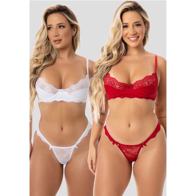 Kit 2 Conjunto Lingerie de Renda Com Aro MdMix Branco e Vermelho